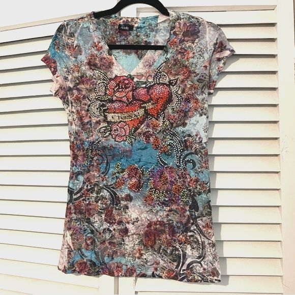 Y2K Ariella size Large Allover Print Rose Rhinestone Colorful Baby Tee - Picture 1 of 8